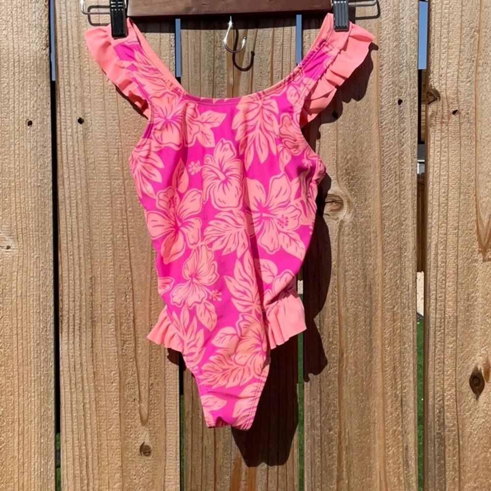 Take 50% OFF- Orageous Pink Floral Ruffle Swimsuit, Size-5